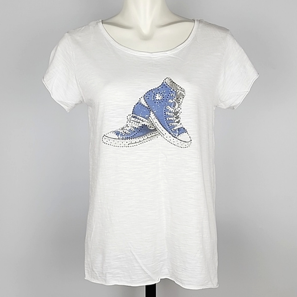 For The Republic Women's White Tee Shirt High Top Blue Rhinestone Sneaker S